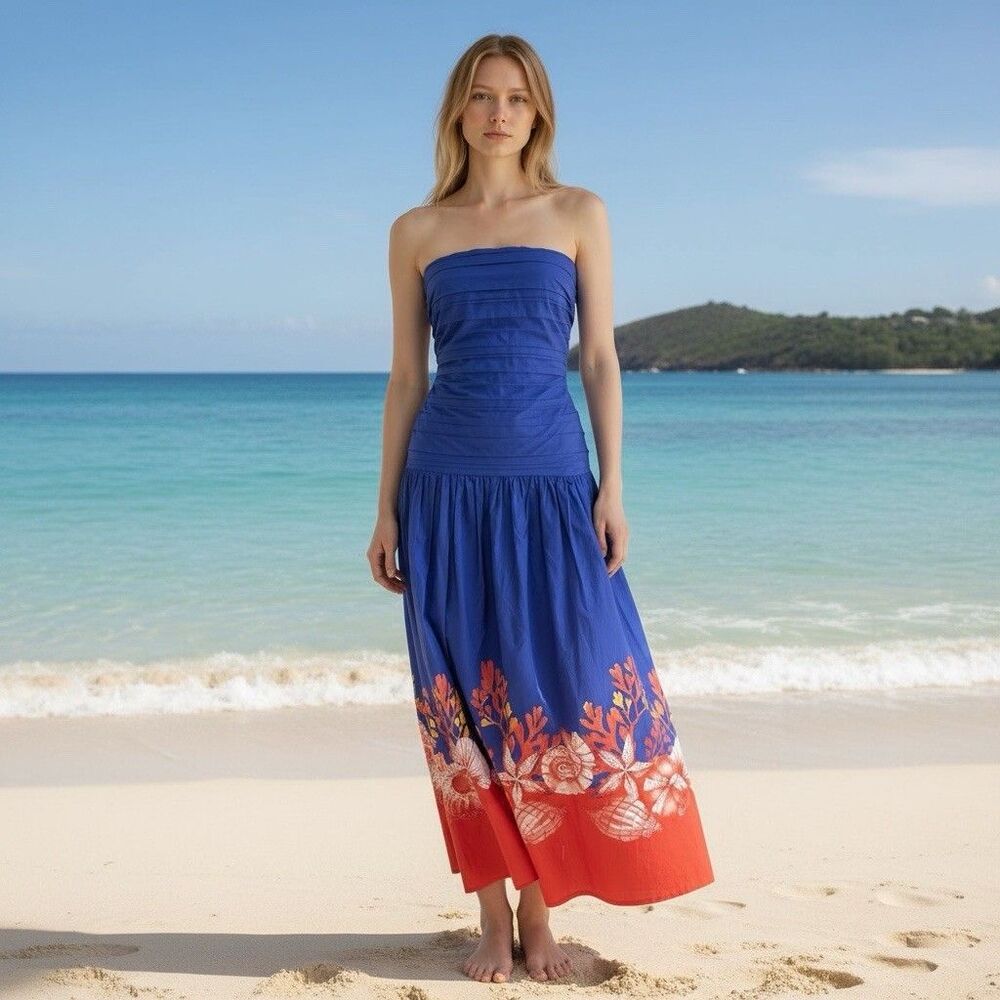 Camila Coelho Strapless Seashells Print Maxi Dress S Dropped Waist Coastal NWT